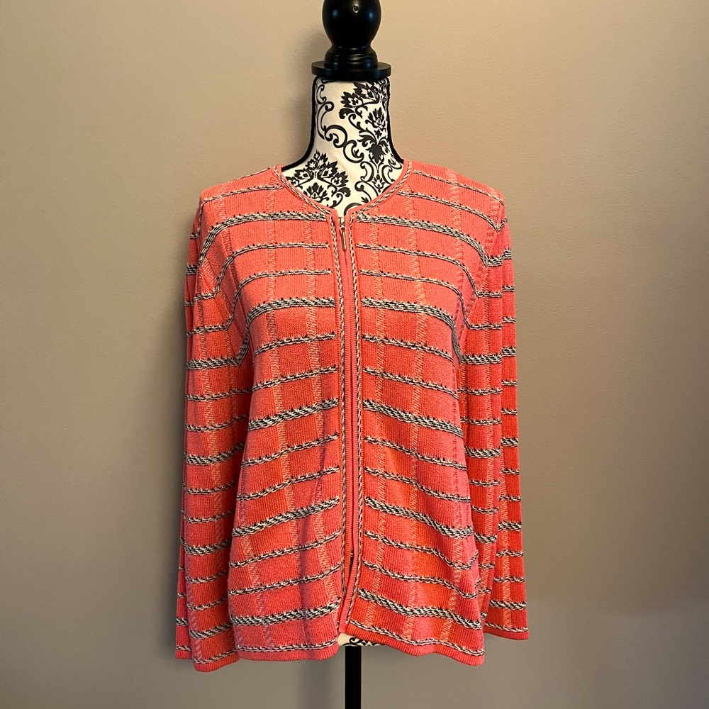 San Remo Size L Zippered Cardigan in Coral and Black